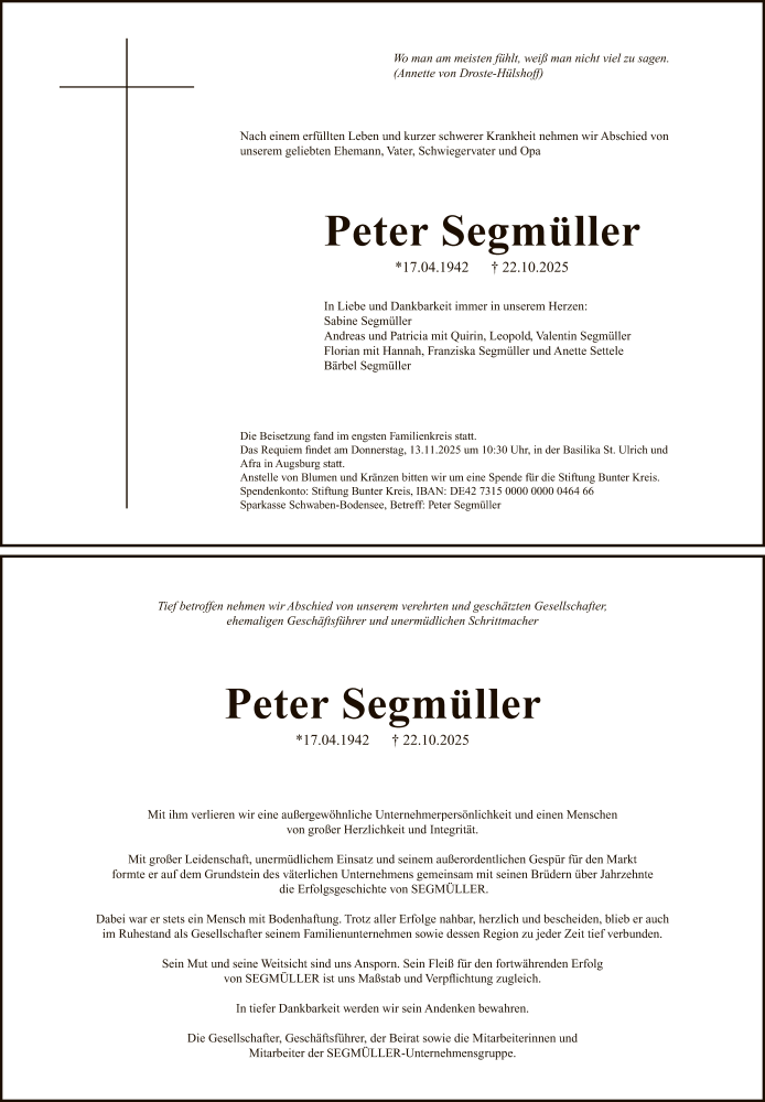  Traueranzeige für Peter Segmüller vom 01.11.2025 aus OFOP