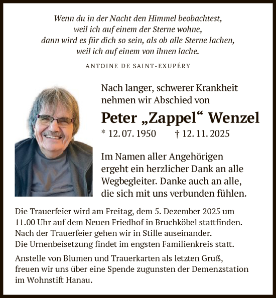 Traueranzeige von Peter Wenzel von OFHA