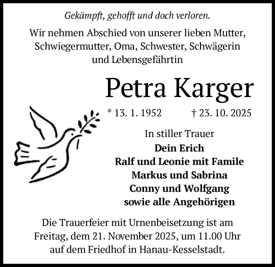 Traueranzeige von Petra Karger von OFHA