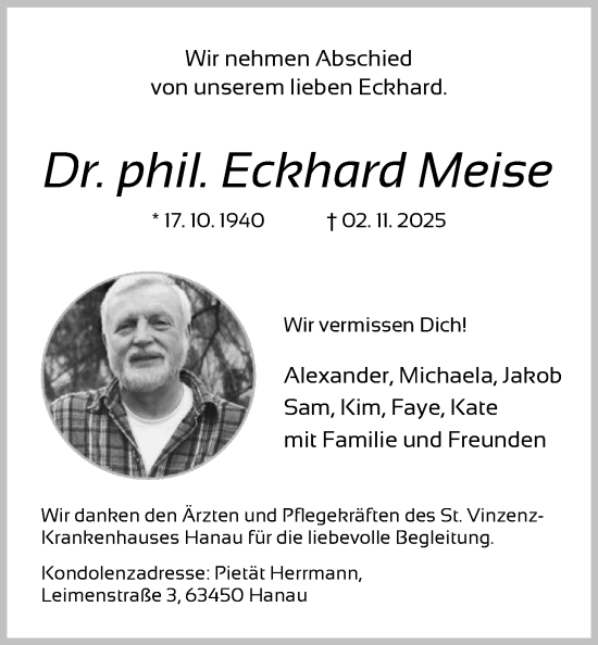 Traueranzeige von phil. Eckhard Meise von OFHA