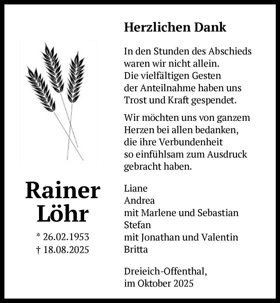  Traueranzeige für Rainer Löhr vom 01.11.2025 aus OFOP