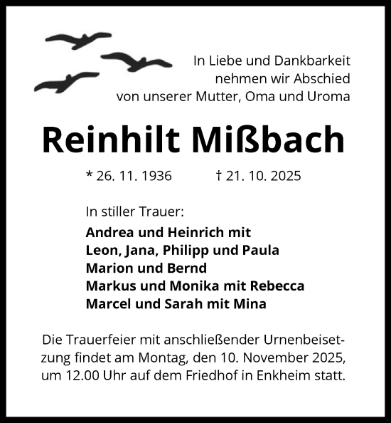 Traueranzeige von Reinhilt Mißbach von BOWO