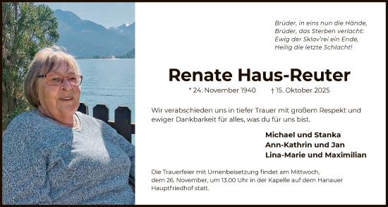 Traueranzeige von Renate Haus-Reuter von OFHA