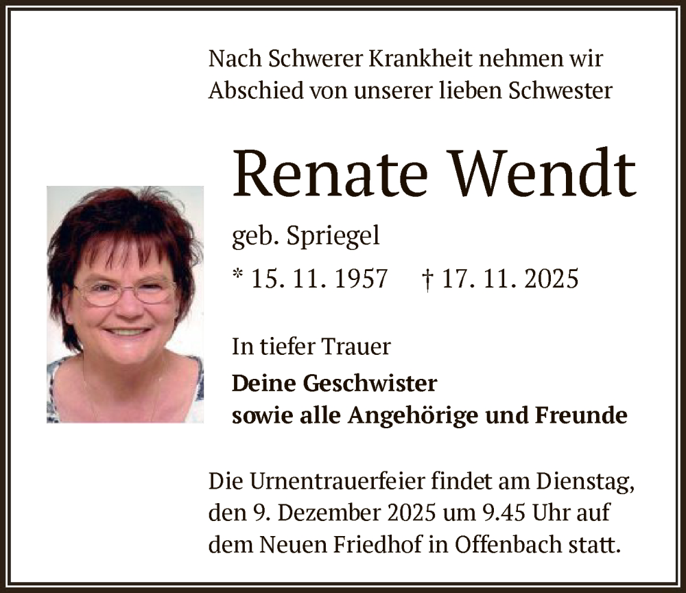  Traueranzeige für Renate Wendt vom 29.11.2025 aus OFOP