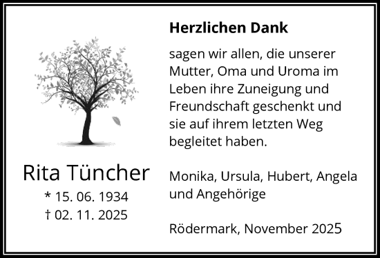 Traueranzeige von Rita Tüncher von OFOP