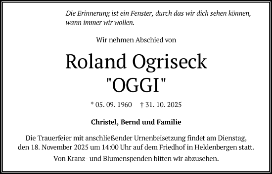Traueranzeige von Roland Ogriseck von OFHA