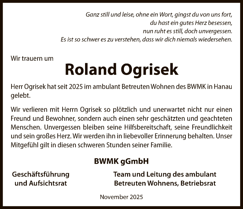  Traueranzeige für Roland Ogrisek vom 22.11.2025 aus OFHA