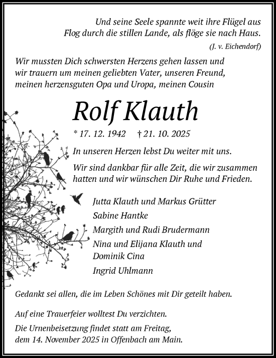 Traueranzeige von Rolf Klauth von OFOP