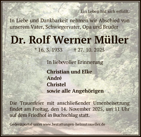 Traueranzeige von Rolf Werner Müller von OFOP