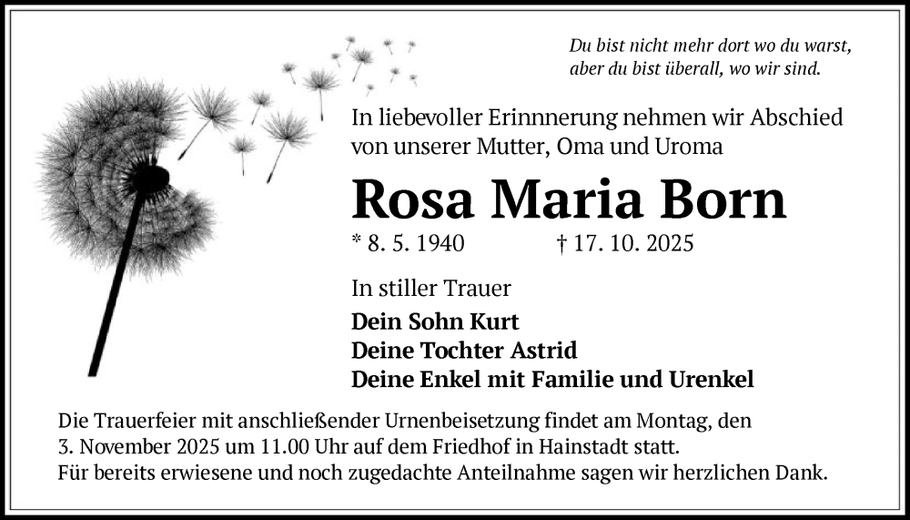  Traueranzeige für Rosa Maria Born vom 01.11.2025 aus OF0L