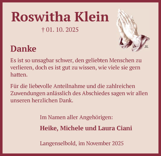 Traueranzeige von Roswitha Klein von OFHA