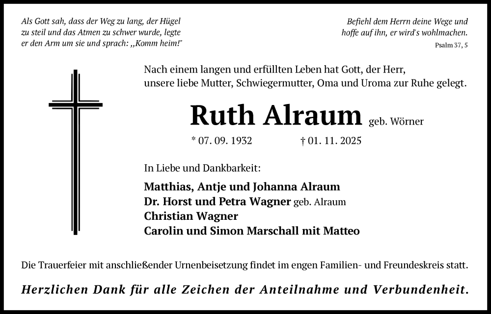  Traueranzeige für Ruth Alraum vom 15.11.2025 aus OFHA