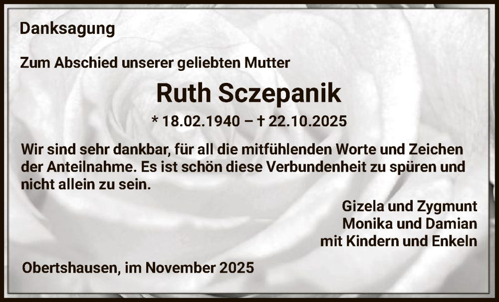  Traueranzeige für Ruth Sczepanik vom 15.11.2025 aus OF0T