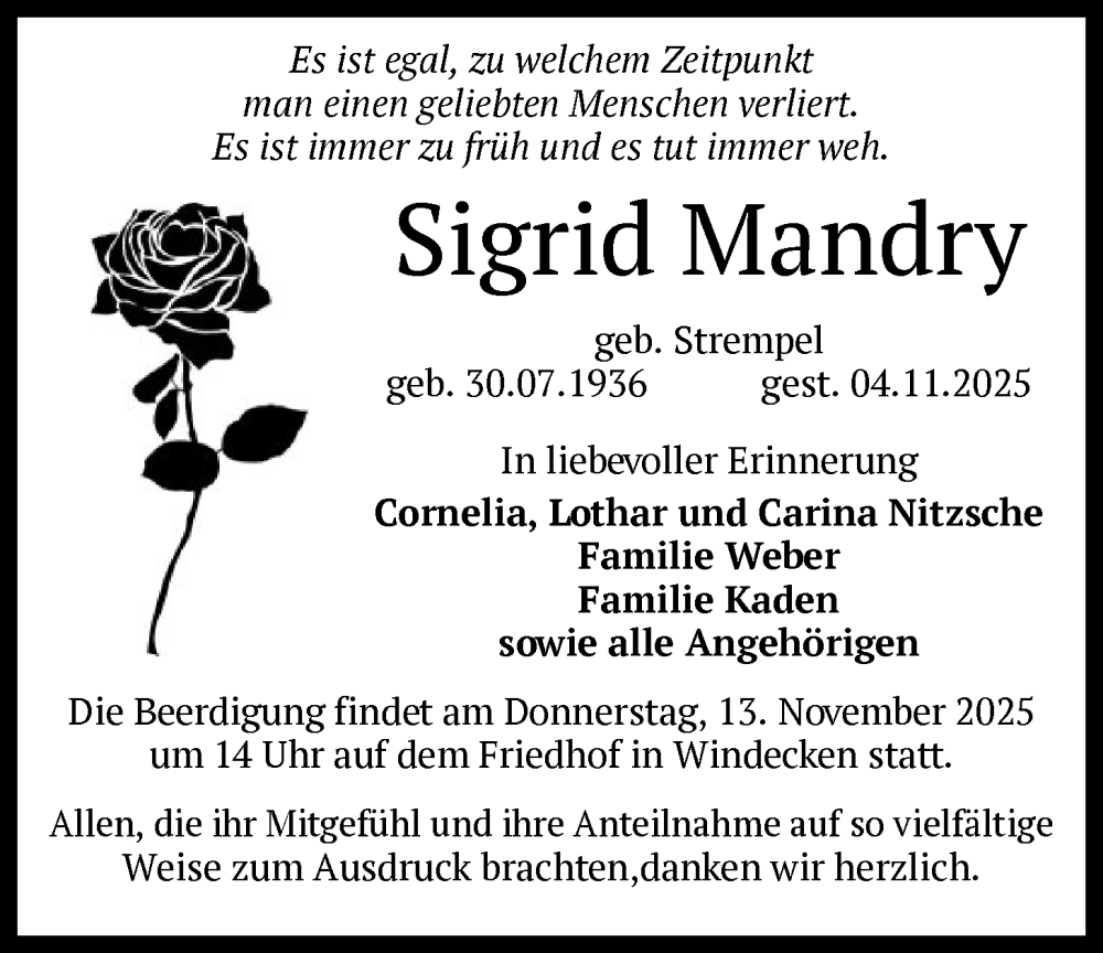  Traueranzeige für Sigrid Mandry vom 08.11.2025 aus OFHA
