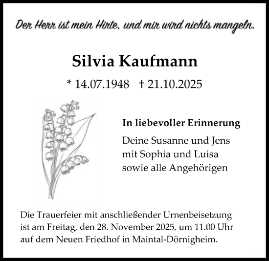 Traueranzeige von Silvia Kaufmann von OFHA