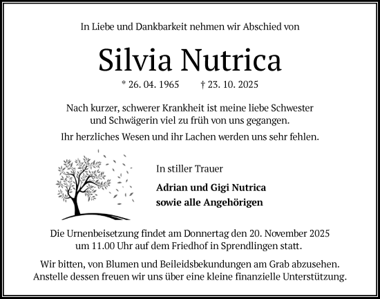 Traueranzeige von Silvia Nutrica von OF0W