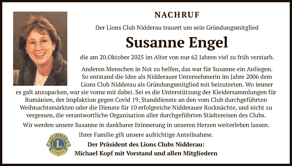  Traueranzeige für Susanne Engel vom 15.11.2025 aus OFHA