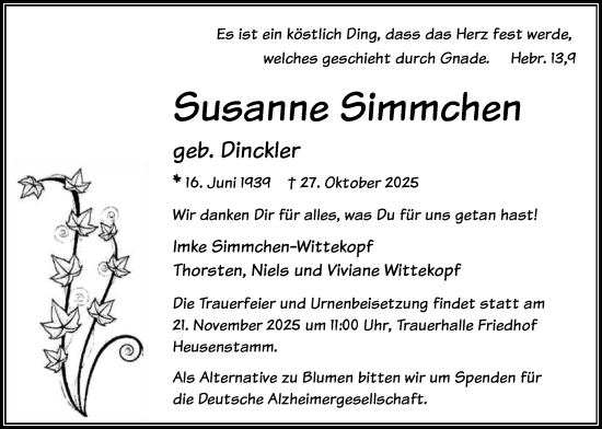 Traueranzeige von Susanne Simmchen von OF0TOF0T