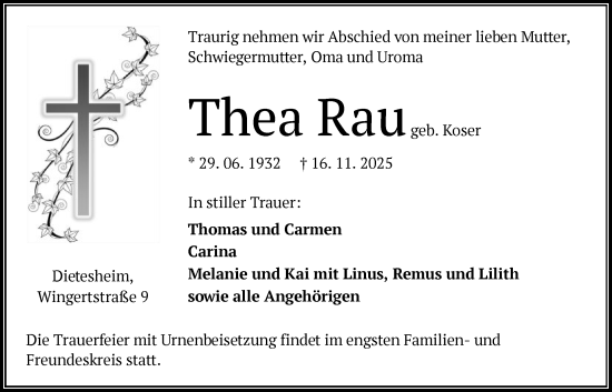 Traueranzeige von Thea Rau von OFOP