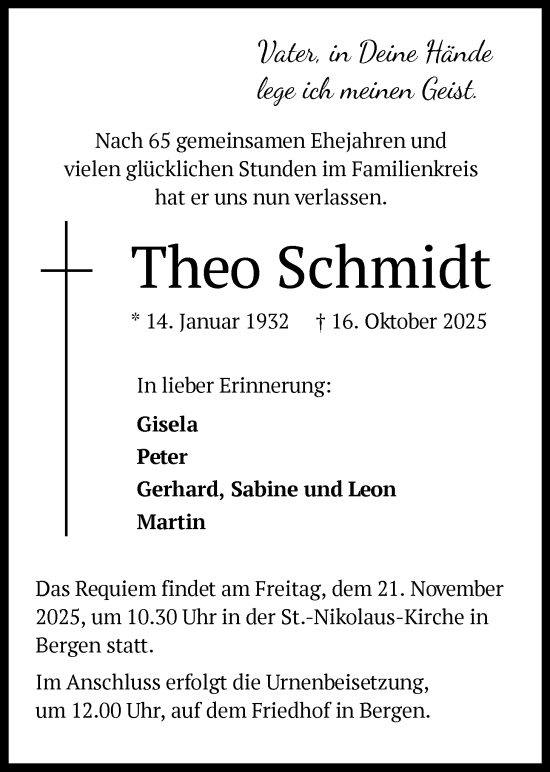 Traueranzeige von Theo Schmidt von BOWO