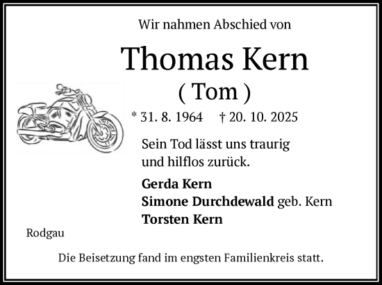 Traueranzeige von Thomas Kern von OF0L