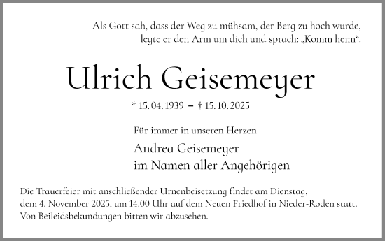 Traueranzeige von Ulrich Geisemeyer von OFOP