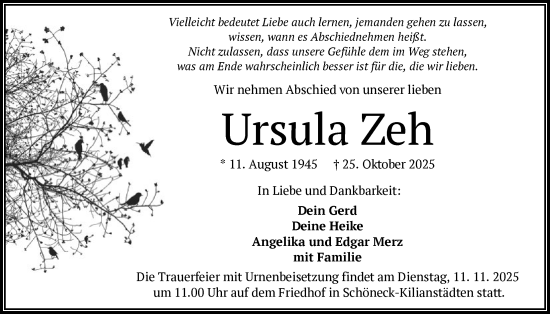 Traueranzeige von Ursula Zeh von OFHA