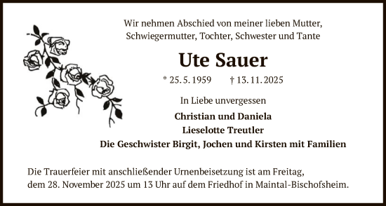 Traueranzeige von Ute Sauer von OFHA