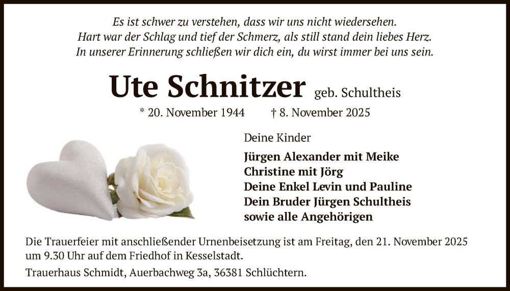  Traueranzeige für Ute Schnitzer vom 15.11.2025 aus OFHA