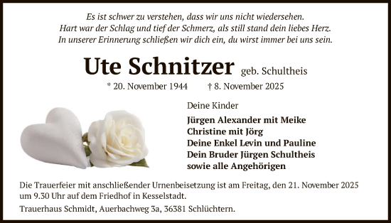 Traueranzeige von Ute Schnitzer von OFHA