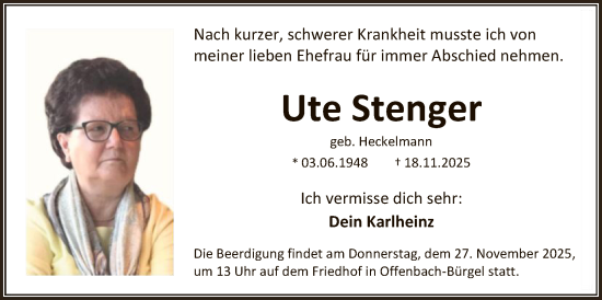 Traueranzeige von Ute Stenger von OFOP