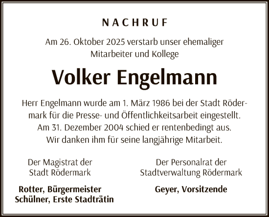 Traueranzeige von Volker Engelmann von OF0L