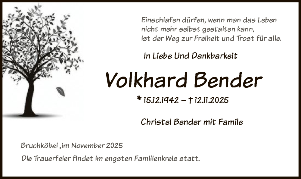  Traueranzeige für Volkhard Bender vom 22.11.2025 aus OFHA