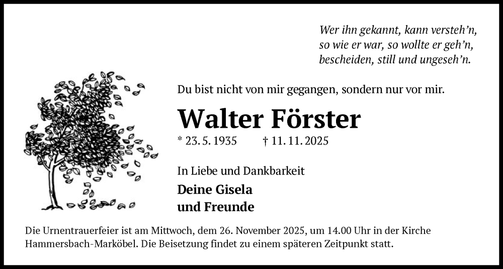 Traueranzeige für Walter Förster vom 22.11.2025 aus OFHA