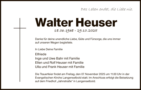 Traueranzeige von Walter Heuser von OFHA