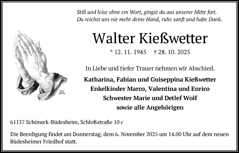  Traueranzeige für Walter Kießwetter vom 01.11.2025 aus OFHA