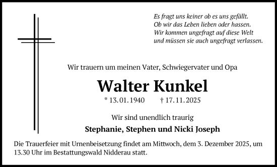 Traueranzeige von Walter Kunkel von OFHA