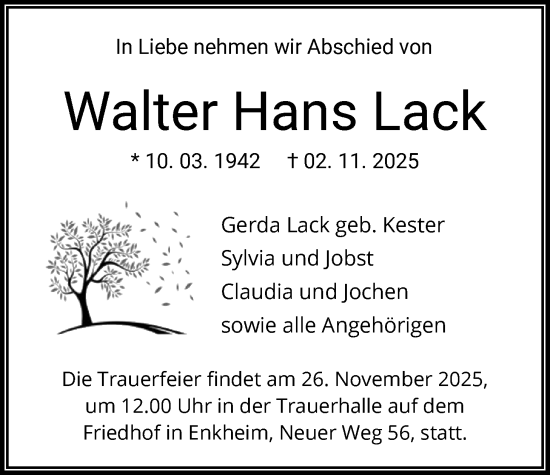 Traueranzeige von Walter Hans Lack von BOWO