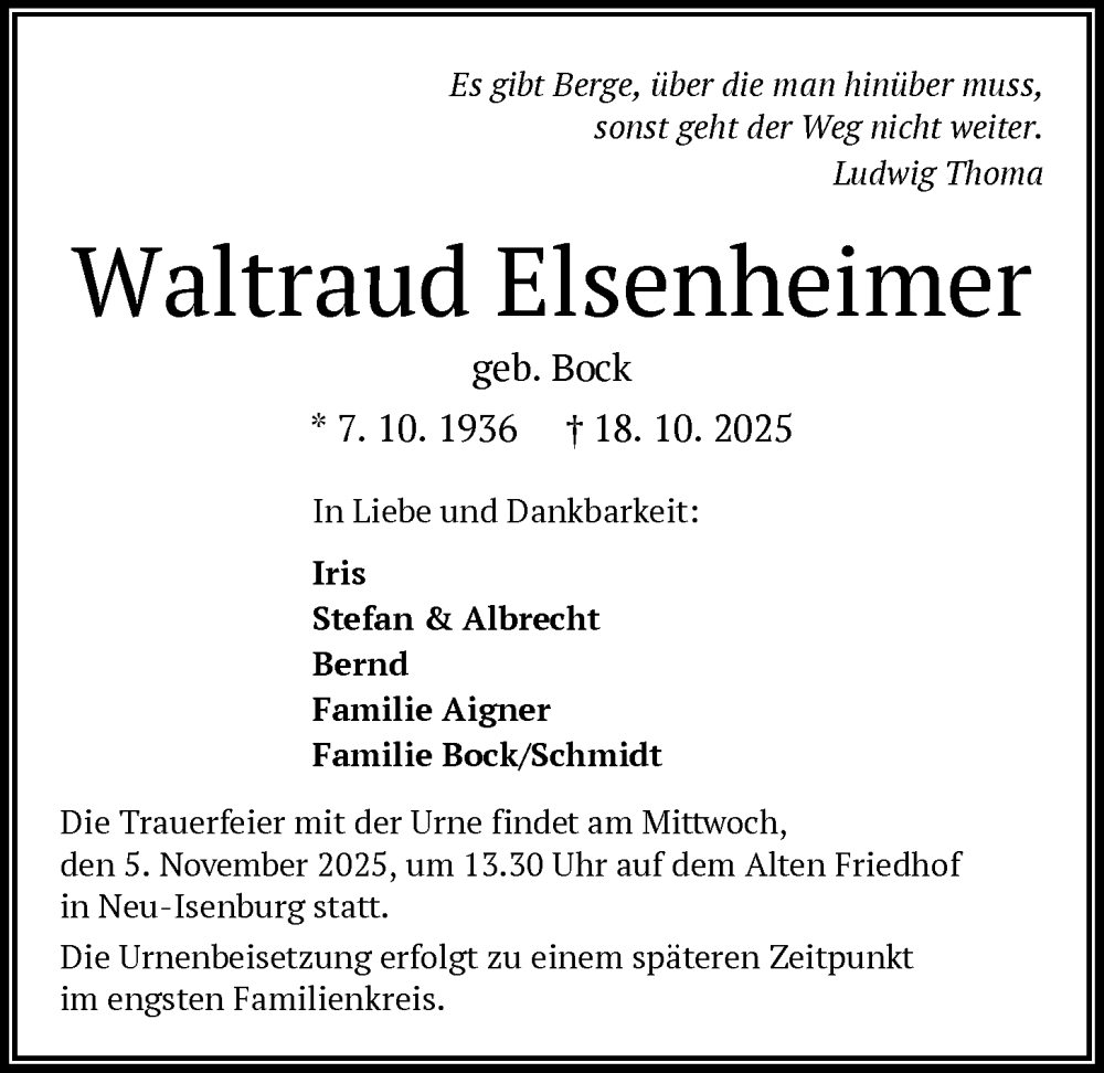  Traueranzeige für Waltraud Elsenheimer vom 01.11.2025 aus OF0W