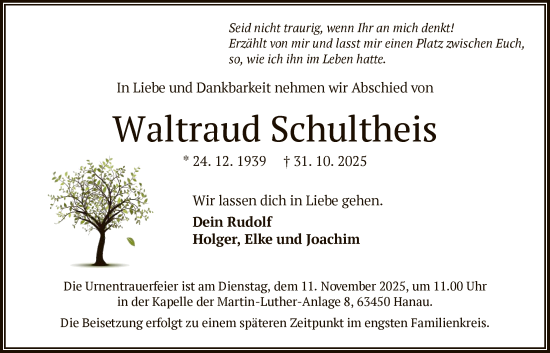 Traueranzeige von Waltraud Schultheis von OFHA