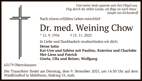 Traueranzeige von Weining Chow von OF0T