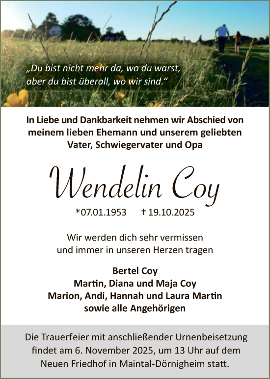 Traueranzeige von Wendelin Coy von OFHA