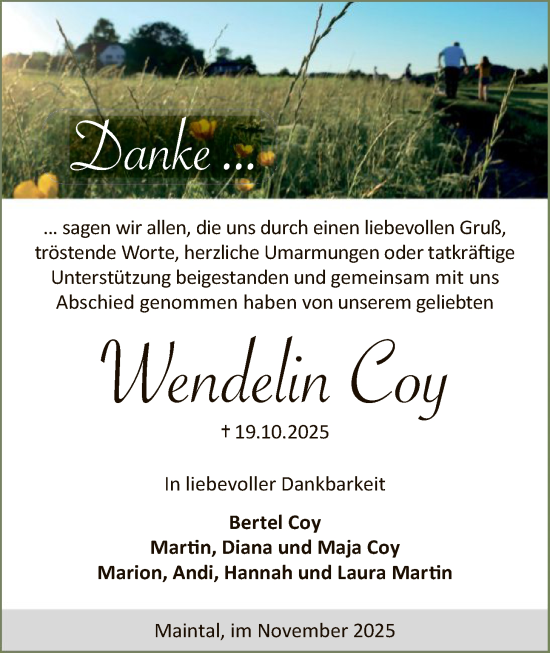Traueranzeige von Wendelin Coy von OFHA