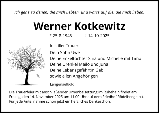 Traueranzeige von Werner Kotkewitz von OFHA