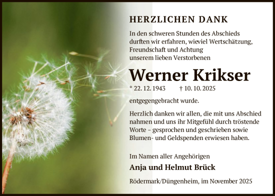 Traueranzeige von Werner Krikser von OF0L