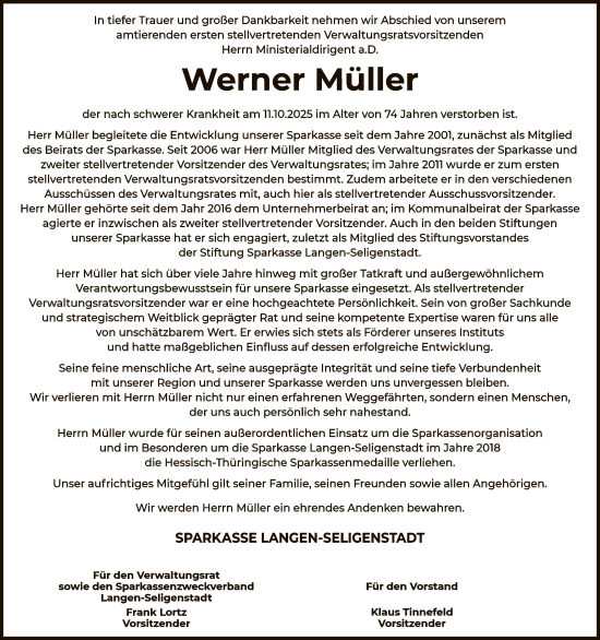 Traueranzeige von Werner Müller von OFOP