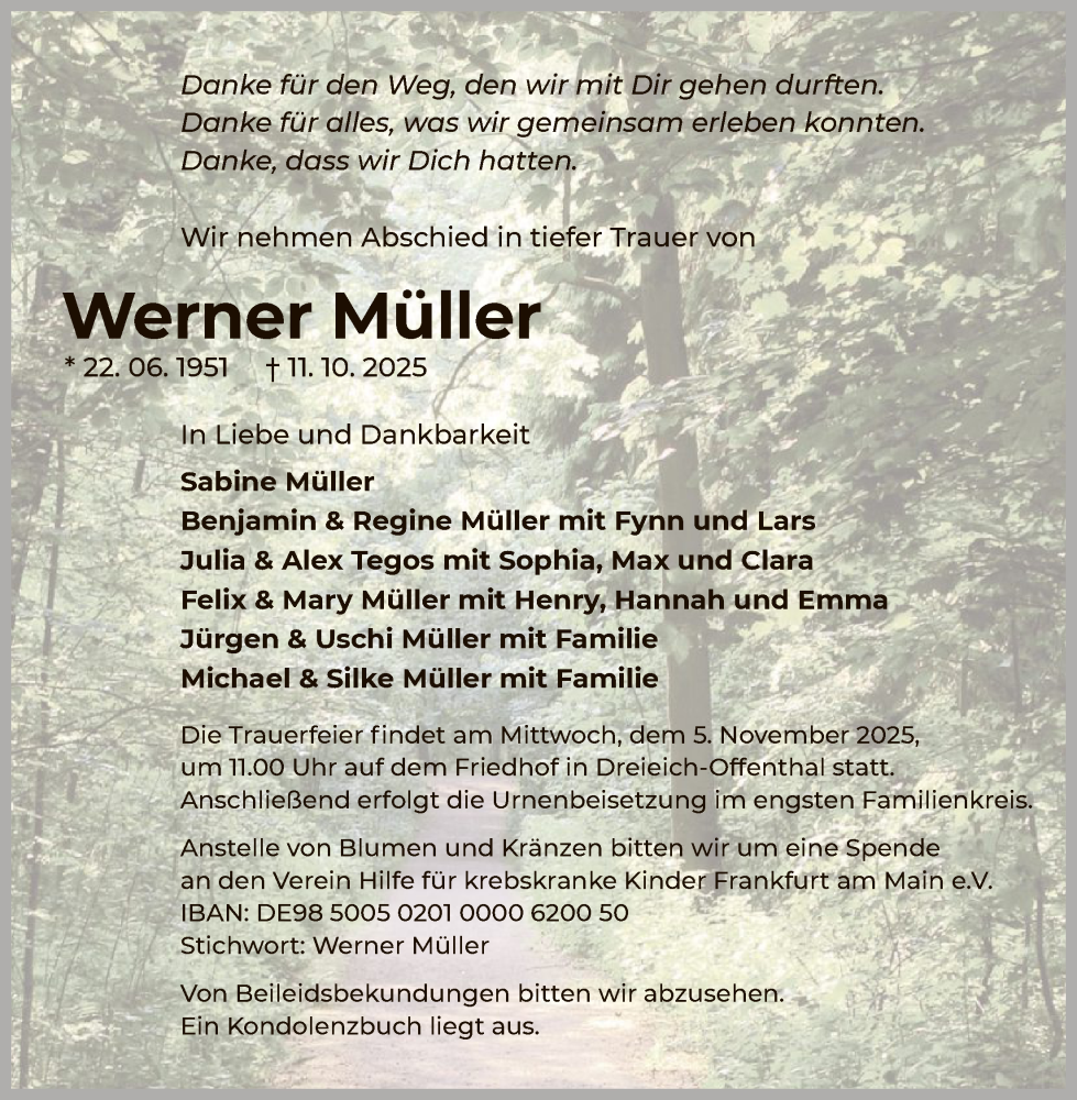  Traueranzeige für Werner Müller vom 01.11.2025 aus OFOP