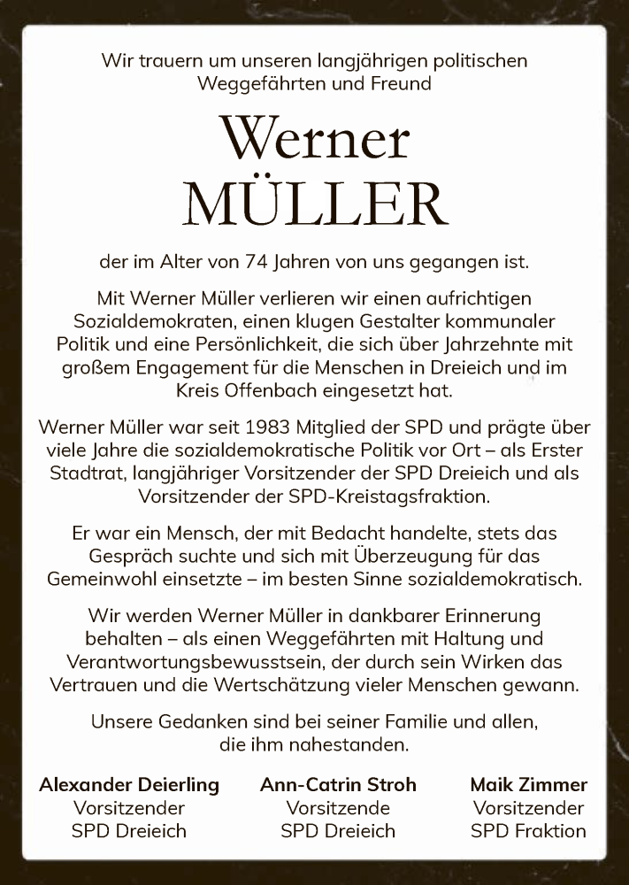  Traueranzeige für Werner Müller vom 01.11.2025 aus OFOP
