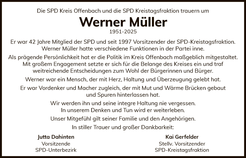  Traueranzeige für Werner Müller vom 01.11.2025 aus OFOP