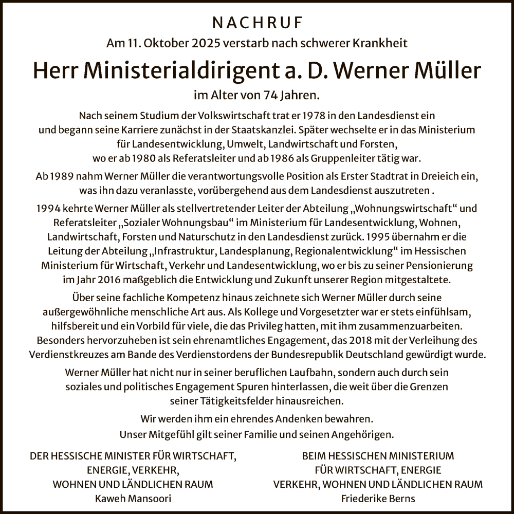  Traueranzeige für Werner Müller vom 01.11.2025 aus OFOP
